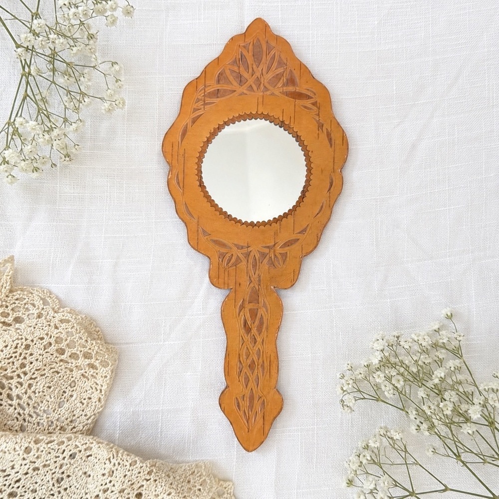 Vintage MCM Eastern European Hand Carved Birch Wood Hand Mirror 11.75" Folk Art